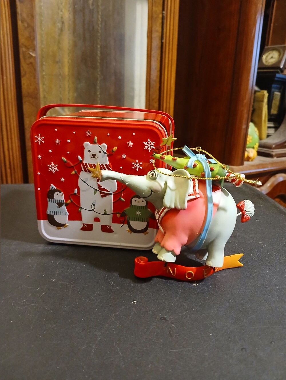 Festive Christmas Elephant Ornament with Red Holiday Tin